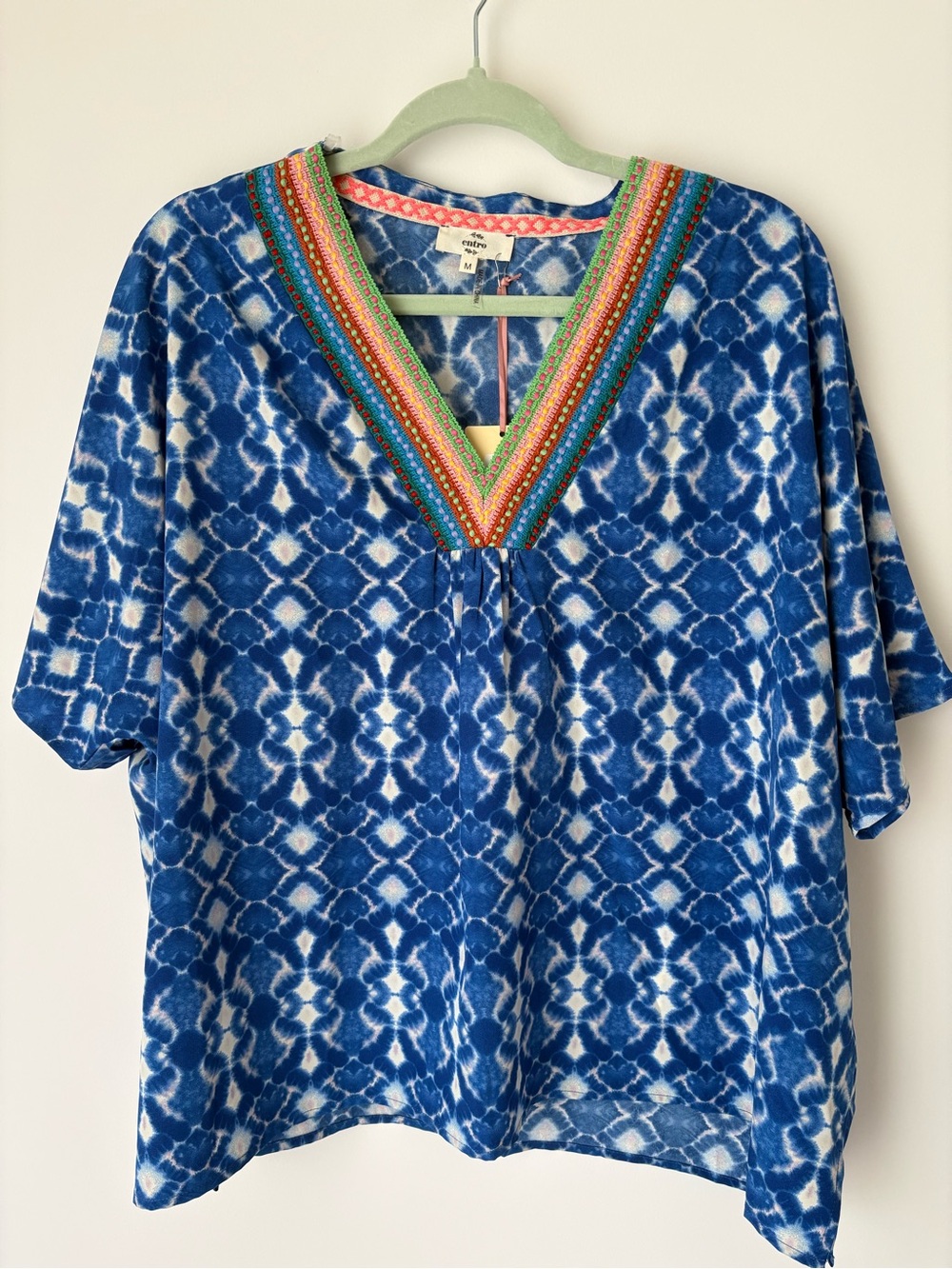 Entro Blue Tie-Dye V-Neck Embroidered Tunic